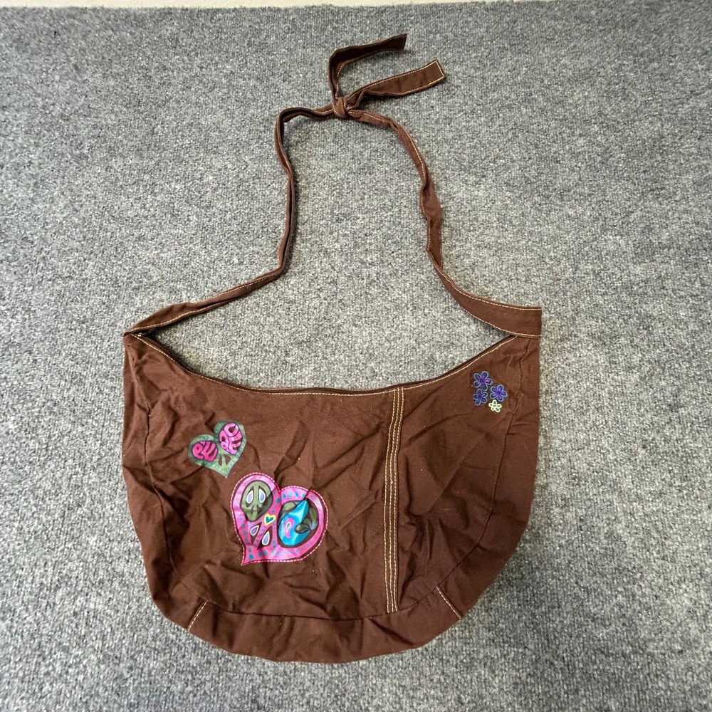 Unbranded Crossbody Bag Womens OS Brown Embroidered Heart Boho Tie Strap Hobo